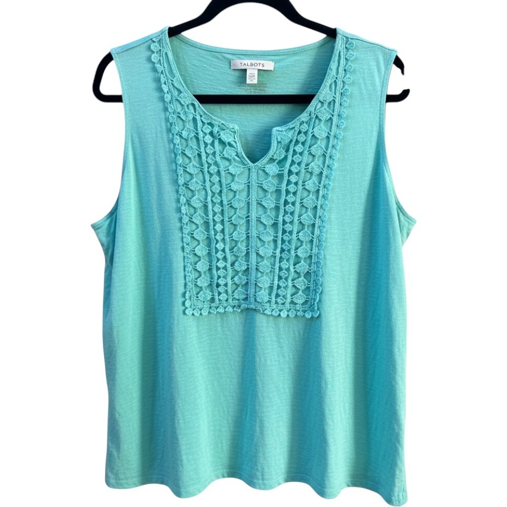 Talbots Woman Aqua Blue Cotton Slub Crochet Lace Bib Sleeveless Top 2X